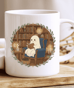 Cozy Ghost Mug Cute Halloween Coffee Cup with Cat and Books 2