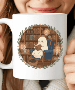 Cozy Ghost Mug Cute Halloween Coffee Cup with Cat and Books
