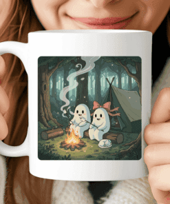 Ghost Couple Mug, Cozy Halloween Coffee Cup with Campfire and Marshmallows