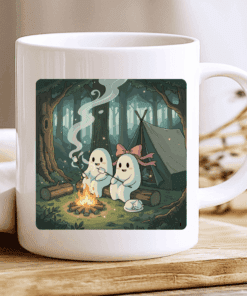 Alternative view of Ghost Couple Mug, Cozy Halloween Coffee Cup with Campfire and Marshmallows