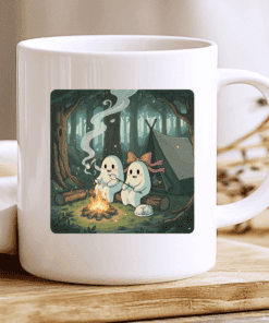 Ghost Couple Mug, Cozy Halloween Coffee Cup with Campfire and Marshmallows 2