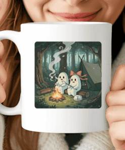 Ghost Couple Mug, Cozy Halloween Coffee Cup with Campfire and Marshmallows