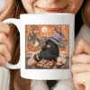 Halloween Cat Mug, Cozy Witch Hat Coffee Cup with Ghosts and Sushi