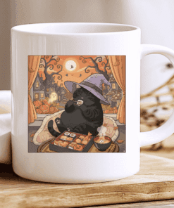 Halloween Cat Mug, Cozy Witch Hat Coffee Cup with Ghosts and Sushi 2