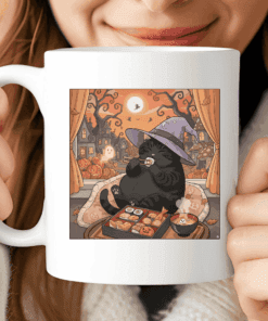 Halloween Cat Mug, Cozy Witch Hat Coffee Cup with Ghosts and Sushi