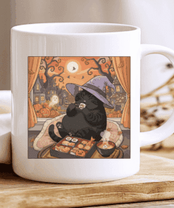 Halloween Cat Mug, Cozy Witch Hat Coffee Cup with Ghosts and Sushi 3