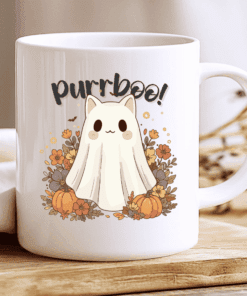 Purrboo Ghost Cat Mug, Cute Halloween Coffee Cup with Pumpkins and Flowers 2