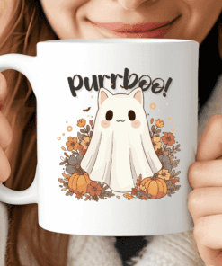 Purrboo Ghost Cat Mug, Cute Halloween Coffee Cup with Pumpkins and Flowers