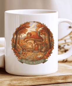 Autumn Blessed Mug, Cozy Mushroom House Coffee Cup with Forest Animals 2