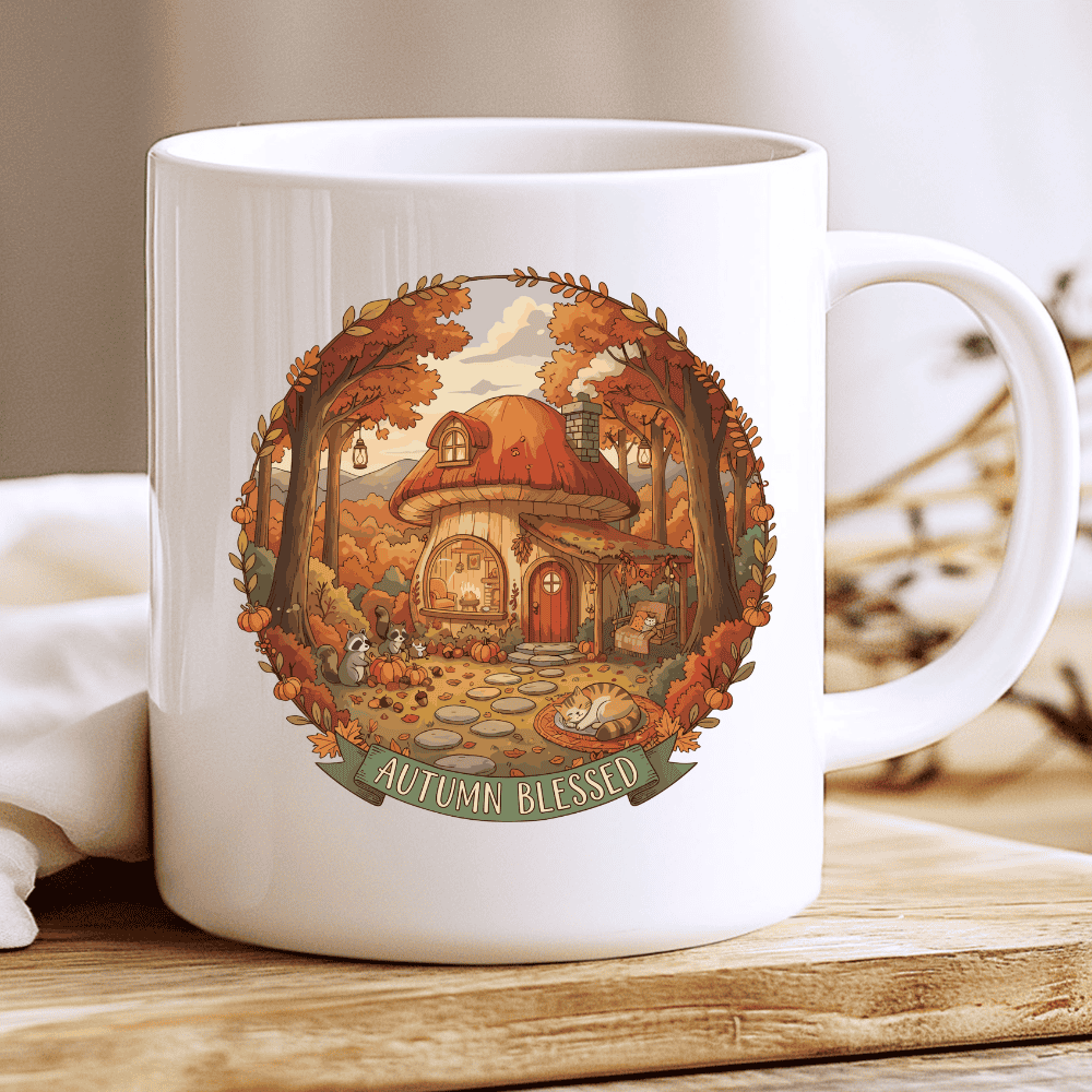 Autumn Blessed Mug, Cozy Mushroom House Coffee Cup with Forest Animals 2