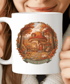 Autumn Blessed Mug, Cozy Mushroom House Coffee Cup with Forest Animals