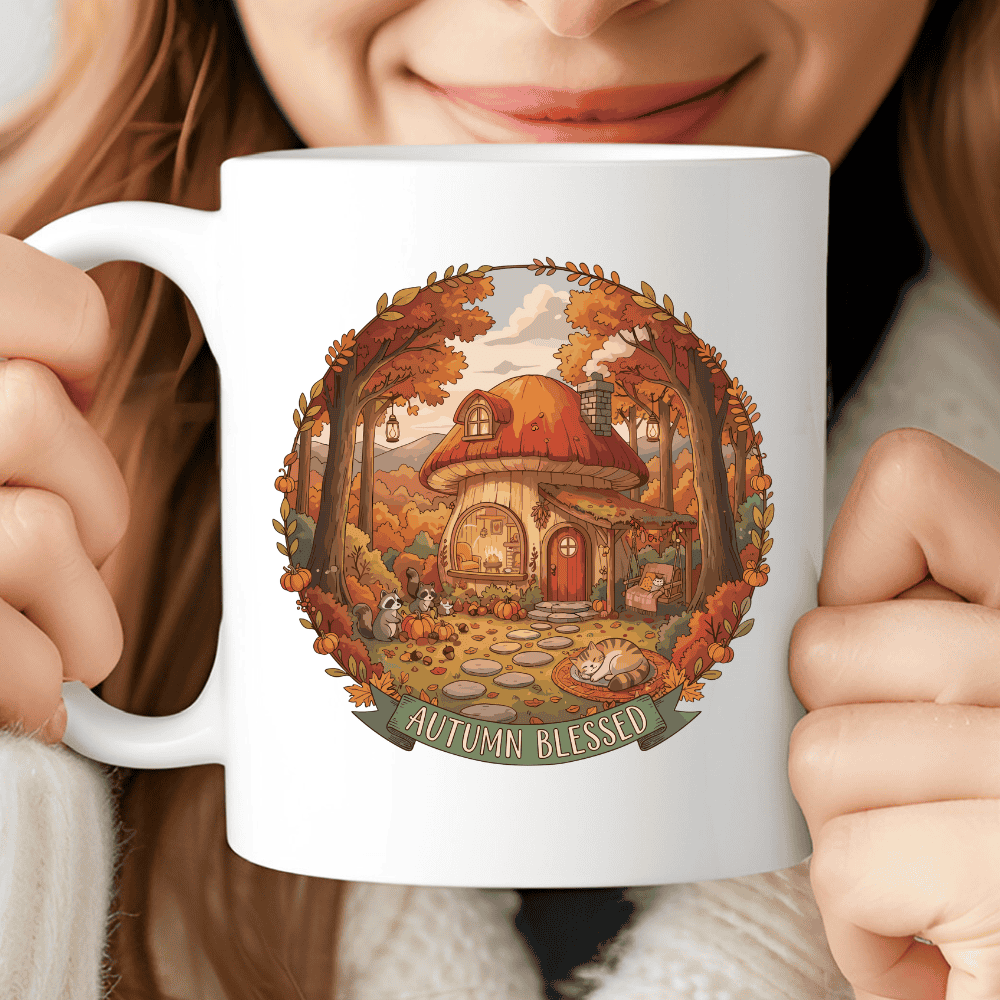 Autumn Blessed Mug, Cozy Mushroom House Coffee Cup with Forest Animals