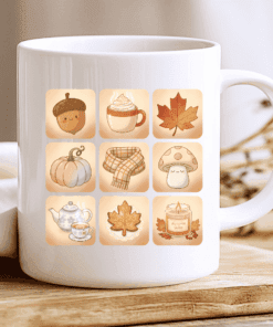 Autumn Icons Mug, Coffee Cup with Pumpkin, Acorn, Leaf and Cozy Candle 2