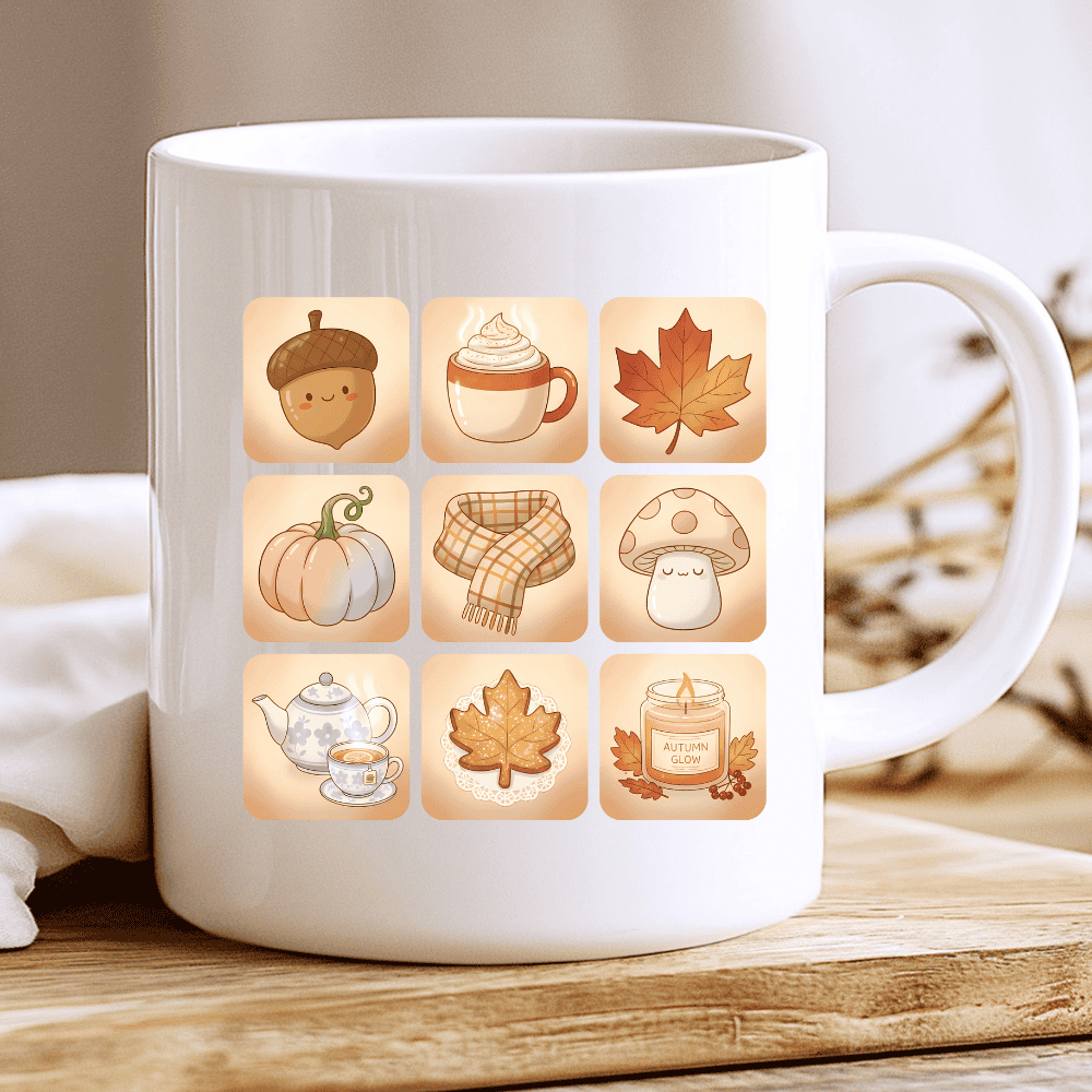 Autumn Icons Mug, Coffee Cup with Pumpkin, Acorn, Leaf and Cozy Candle 2