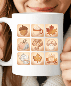 Autumn Icons Mug, Coffee Cup with Pumpkin, Acorn, Leaf and Cozy Candle