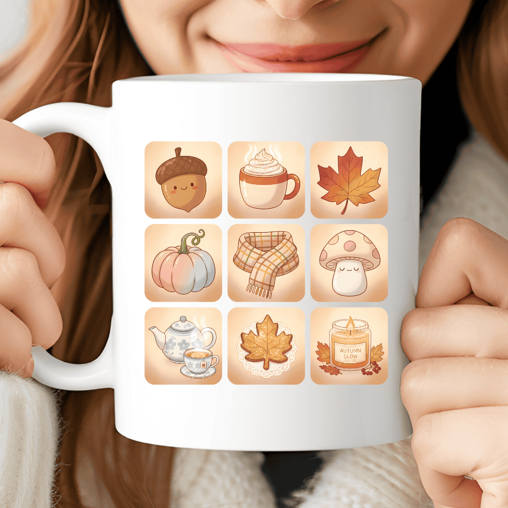 Autumn Icons Mug, Coffee Cup with Pumpkin, Acorn, Leaf and Cozy Candle