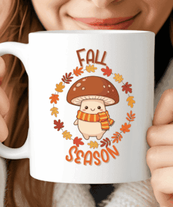 Autumn Mushroom Mug, Cozy Coffee Cup with Smiling Mushroom