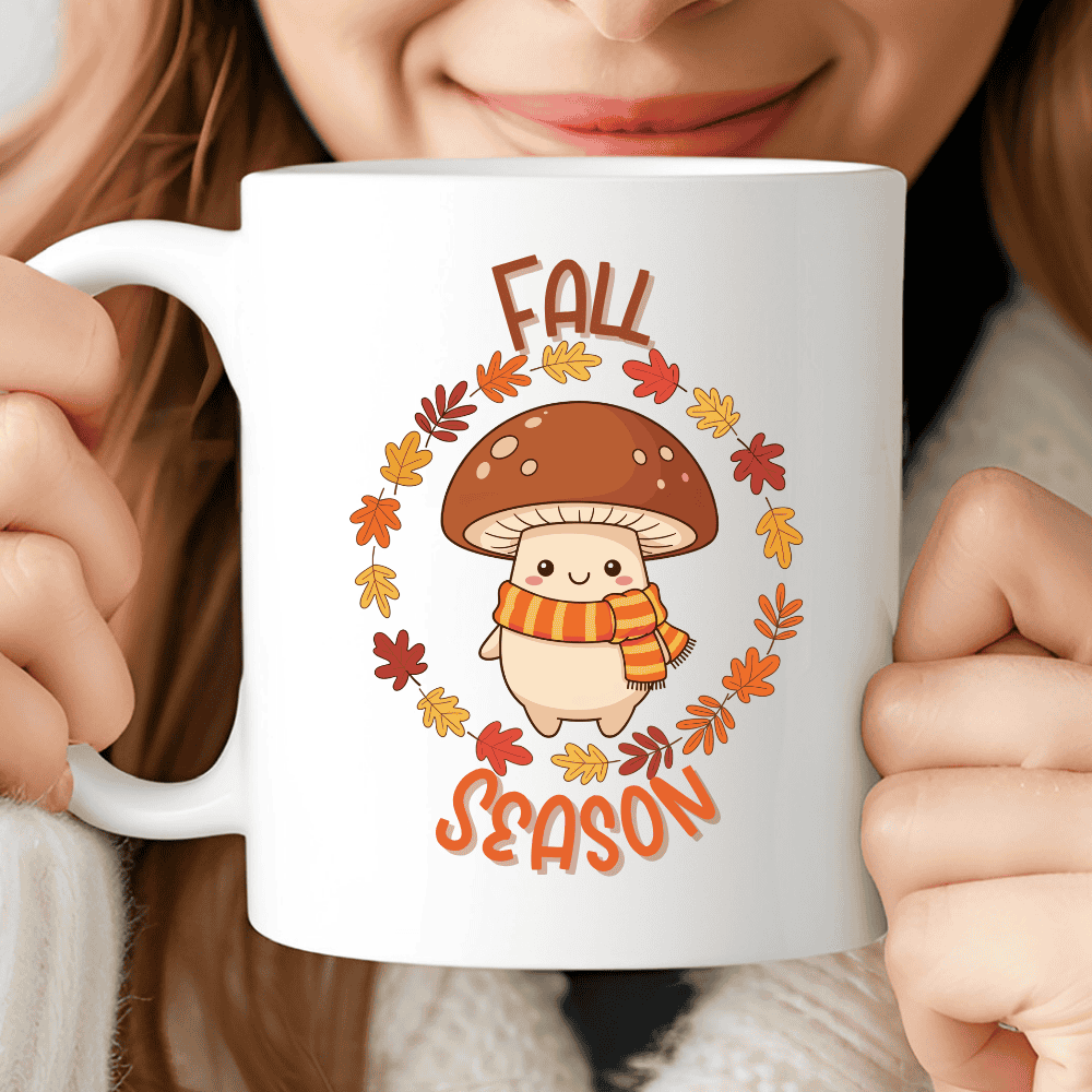 Autumn Mushroom Mug, Cozy Coffee Cup with Smiling Mushroom