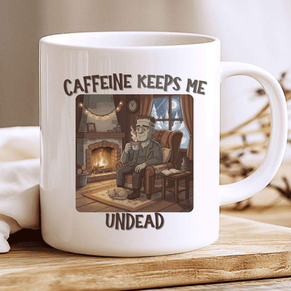 Caffeine Keeps Me Undead Mug, Cozy Frankenstein Coffee Cup for Halloween 2