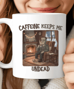 Caffeine Keeps Me Undead Mug, Cozy Frankenstein Coffee Cup for Halloween