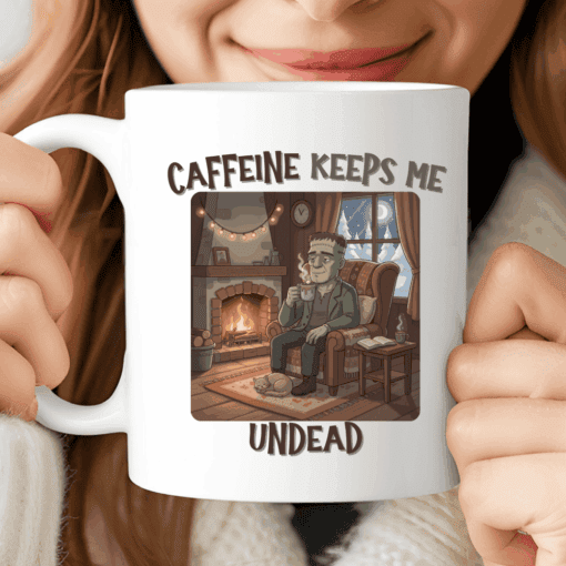 Caffeine Keeps Me Undead Mug, Cozy Frankenstein Coffee Cup for Halloween