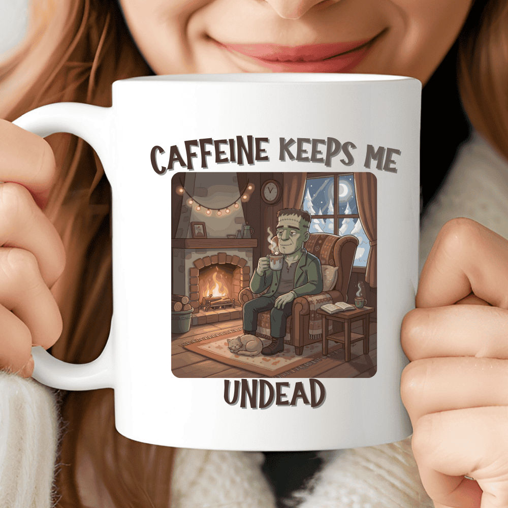 Caffeine Keeps Me Undead Mug, Cozy Frankenstein Coffee Cup for Halloween