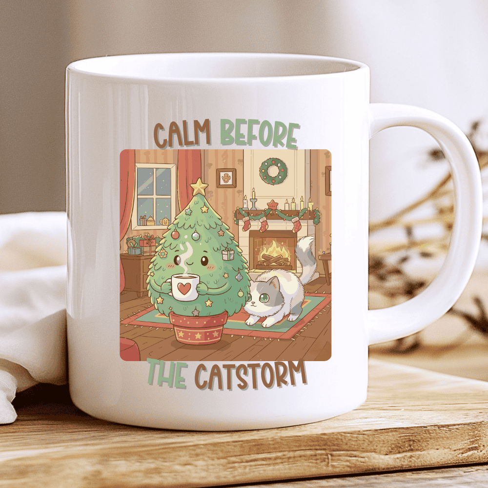 Calm before the catstorm Mug, Cute Christmas Cat Coffee Cup 2