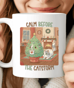 Calm before the catstorm Mug, Cute Christmas Cat Coffee Cup