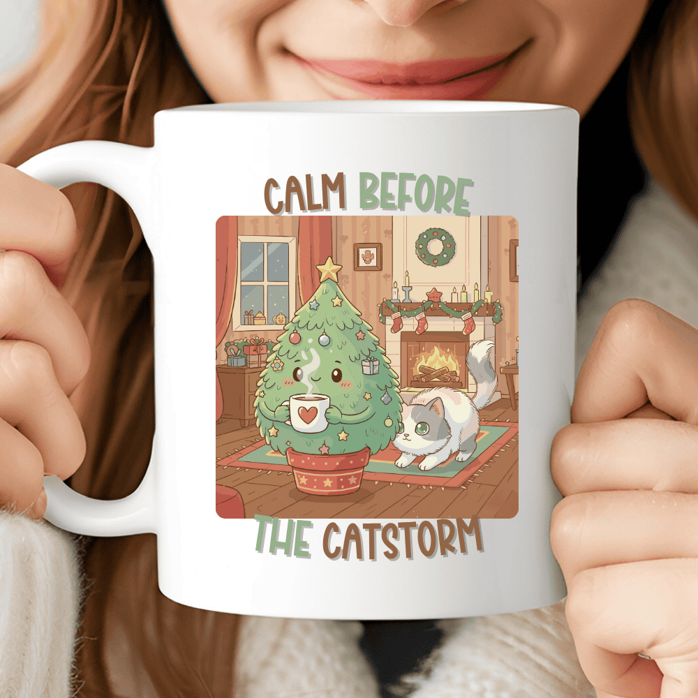 Calm before the catstorm Mug, Cute Christmas Cat Coffee Cup
