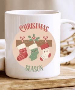 Christmas Season Mug, Cute Coffee Cup with Smiling Stockings and Festive Holly 2