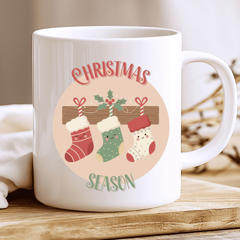 Christmas Season Mug, Cute Coffee Cup with Smiling Stockings and Festive Holly 2