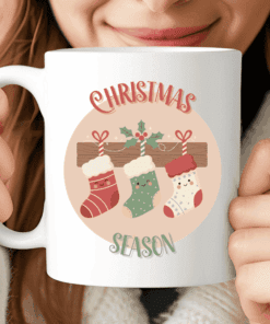 Christmas Season Mug, Cute Coffee Cup with Smiling Stockings and Festive Holly