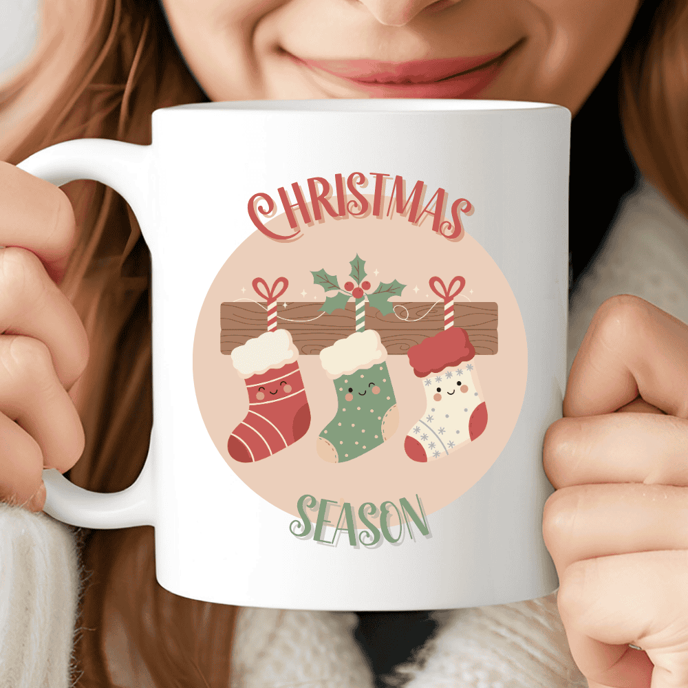 Christmas Season Mug, Cute Coffee Cup with Smiling Stockings and Festive Holly