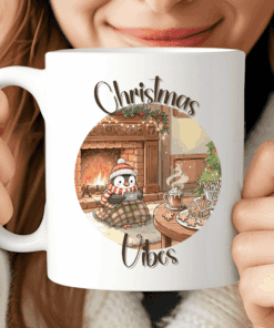 Christmas Vibes Mug, Cozy Coffee Cup with Penguin by the Fireplace