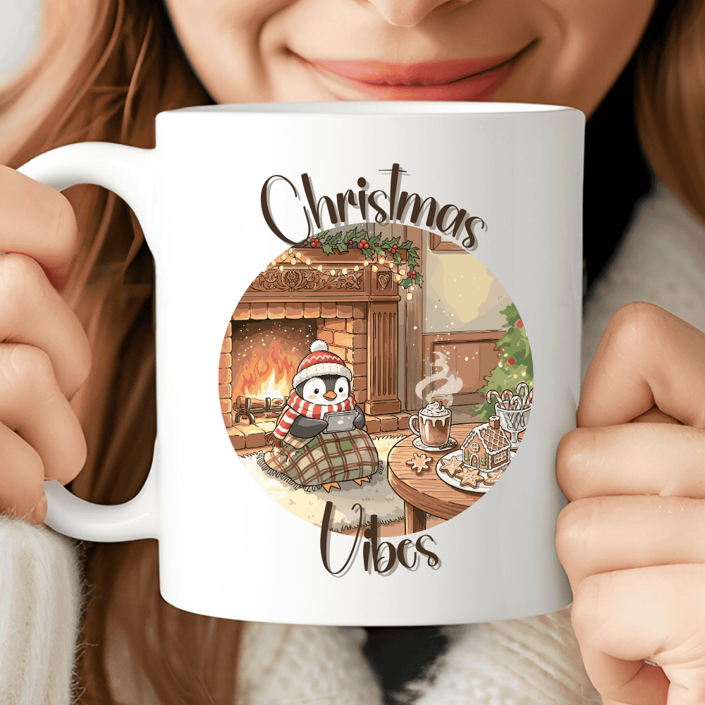 Christmas Vibes Mug, Cozy Coffee Cup with Penguin by the Fireplace