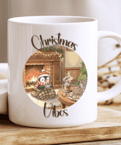 Christmas Vibes Mug, Cozy Coffee Cup with Penguin by the Fireplace 2