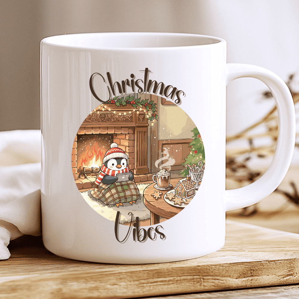Christmas Vibes Mug, Cozy Coffee Cup with Penguin by the Fireplace 2