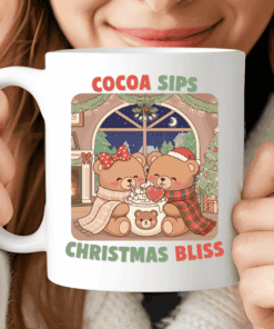 Cocoa Sips Christmas Bliss Mug, Cute Teddy Bear Holiday Coffee Cup