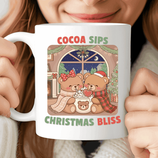 Cocoa Sips Christmas Bliss Mug, Cute Teddy Bear Holiday Coffee Cup