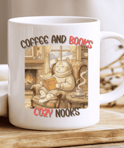 Alternative view of Coffee and Books Mug, Cozy Cat Reading by the Fireplace