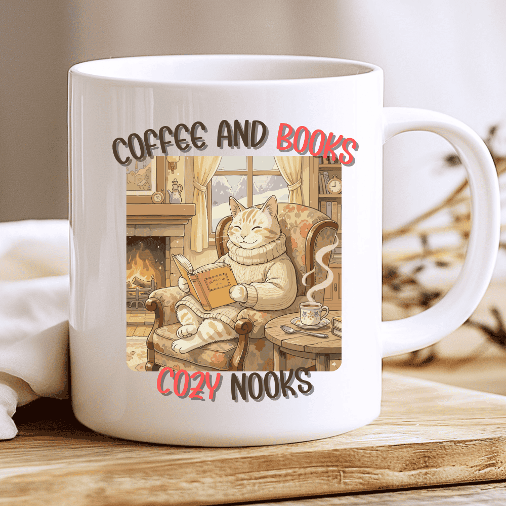 Coffee and Books Mug, Cozy Cat Reading by the Fireplace - Image 2