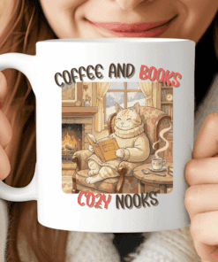 Coffee and Books Mug, Cozy Cat Reading by the Fireplace