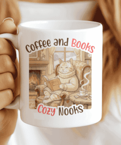 fee and Books Mug, Cozy Cat Reading by the Fireplace 3