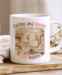 Coffee and Books Mug, Cozy Cat Reading by the Fireplace 4