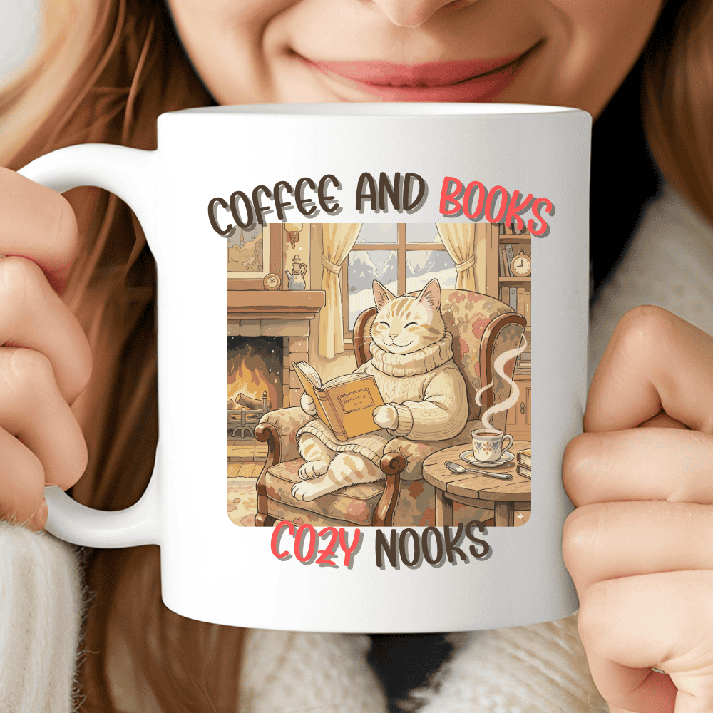 Coffee and Books Mug, Cozy Cat Reading by the Fireplace