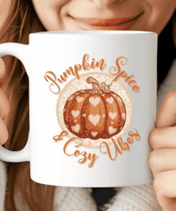 Cozy Vibes Mug, Fall Coffee Cup with Pumpkin and Quote