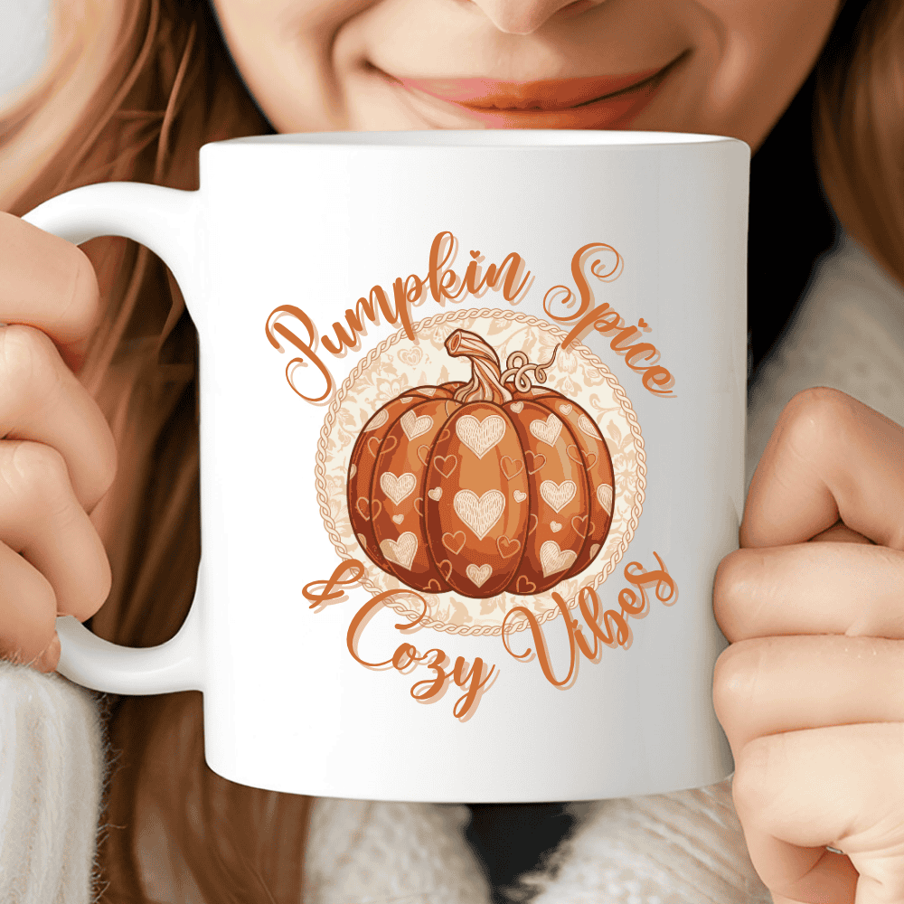 Cozy Vibes Mug, Fall Coffee Cup with Pumpkin and Quote