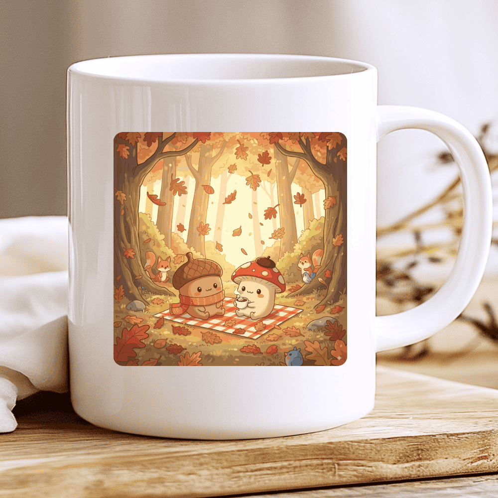 Cute Fall Mug, Kawaii Woodland Coffee Cup with Acorn and Mushroom 2