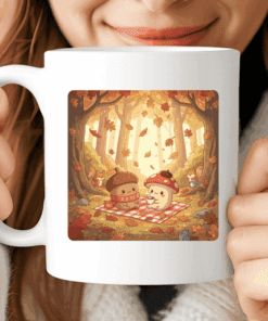 Cute Fall Mug, Kawaii Woodland Coffee Cup with Acorn and Mushroom