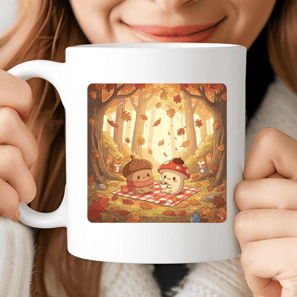 Cute Fall Mug, Kawaii Woodland Coffee Cup with Acorn and Mushroom